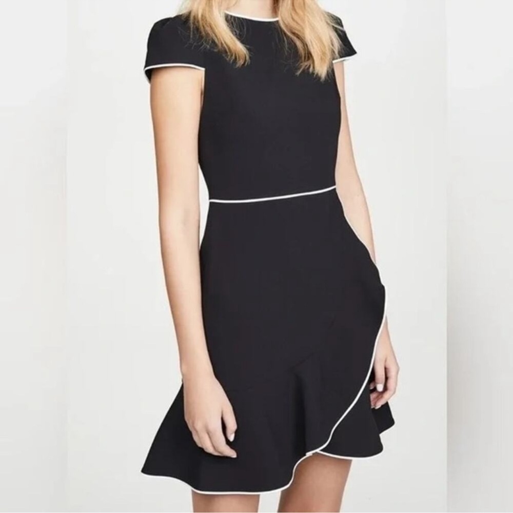Alice + Olivia Kirby Black Dress with White Piping Ruffle Cap Sleeve Size 4